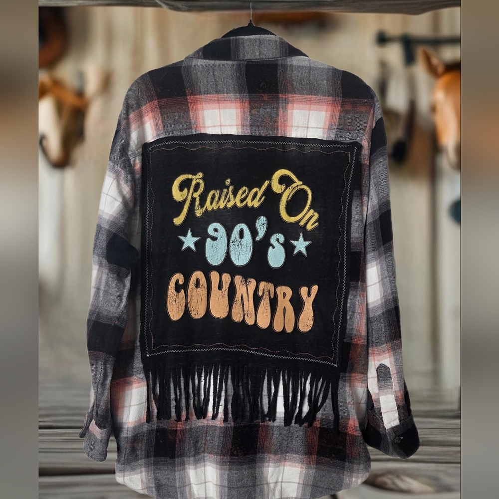 Upcycled 90s COUNTRY distressed Fringe Plaid Shirt